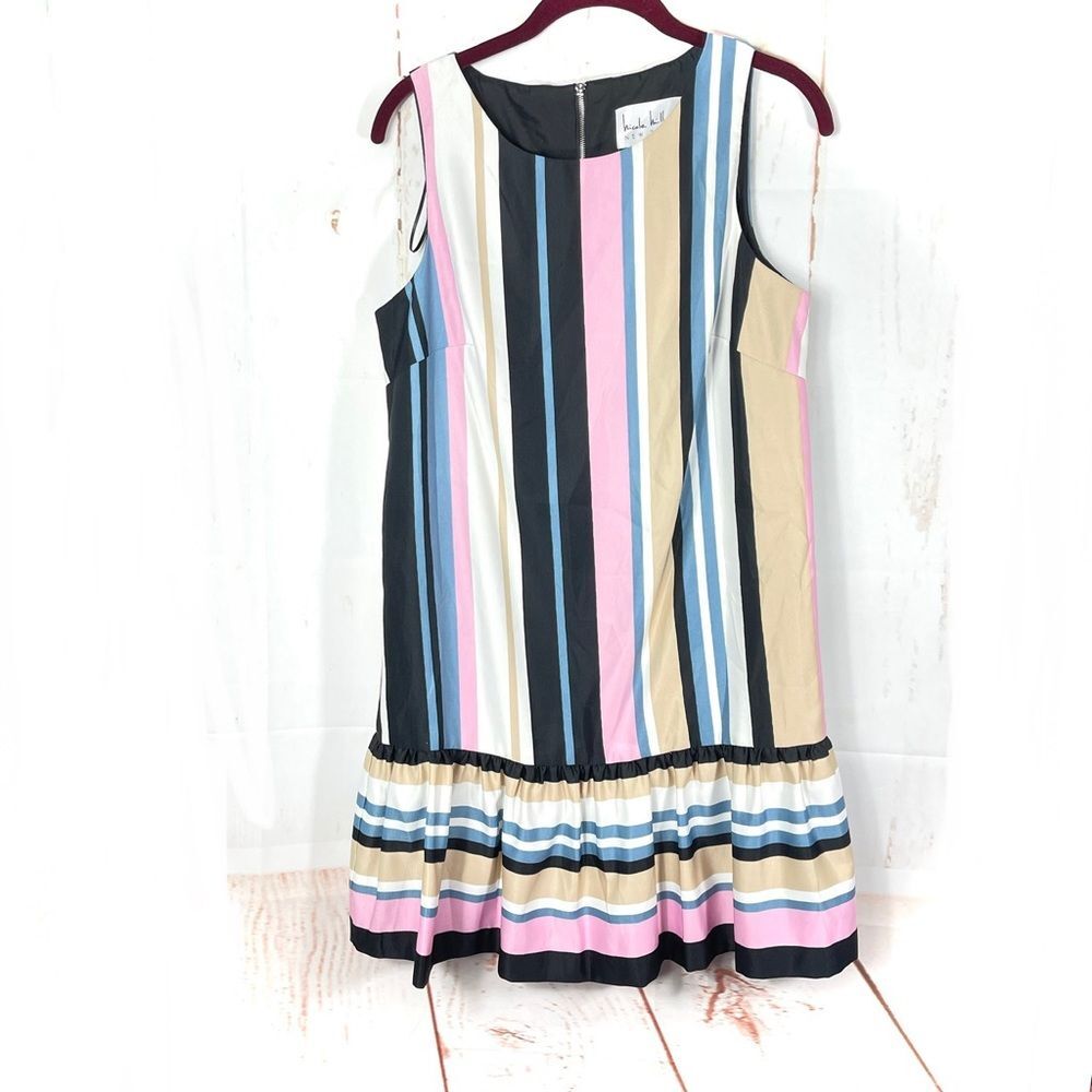 Nicole Miller Striped Ruffle Hem Drop Waist Sleeveless Dress